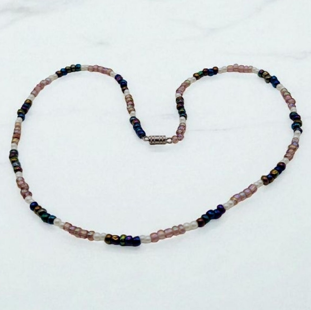 Colorblock Pink And Blue Multicolor Beaded Necklace 18in